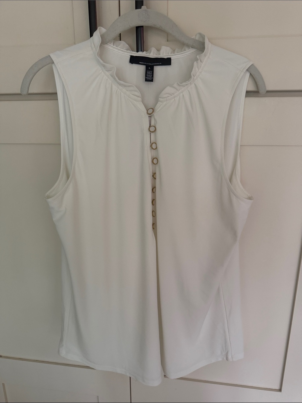 White House Black Market White Sleeveless Ruffle-Neck Shell with Button Accents
